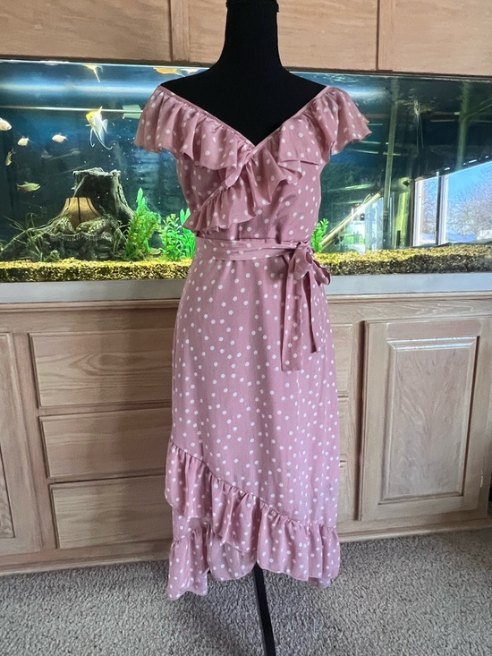 Simplee Apparel Dresses & Skirts - Polka Dot Ruffle Dress in Dusty Pink